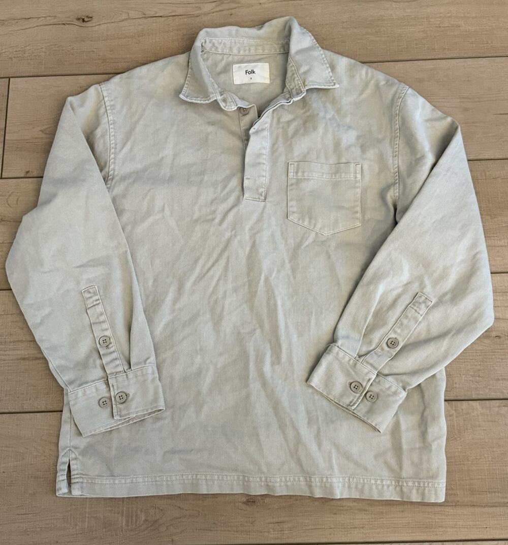 Folk Mens Small Beige Cotton Pullover Overshirt Long Sleeve Workwear Shirt